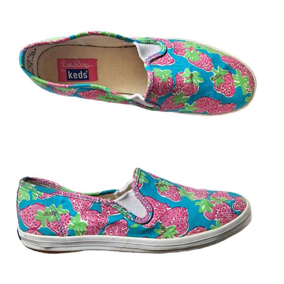 LILLY PULITZER x KEDS Strawberry Print Slip On Sneakers Size 8 Pink Blue - Picture 1 of 8